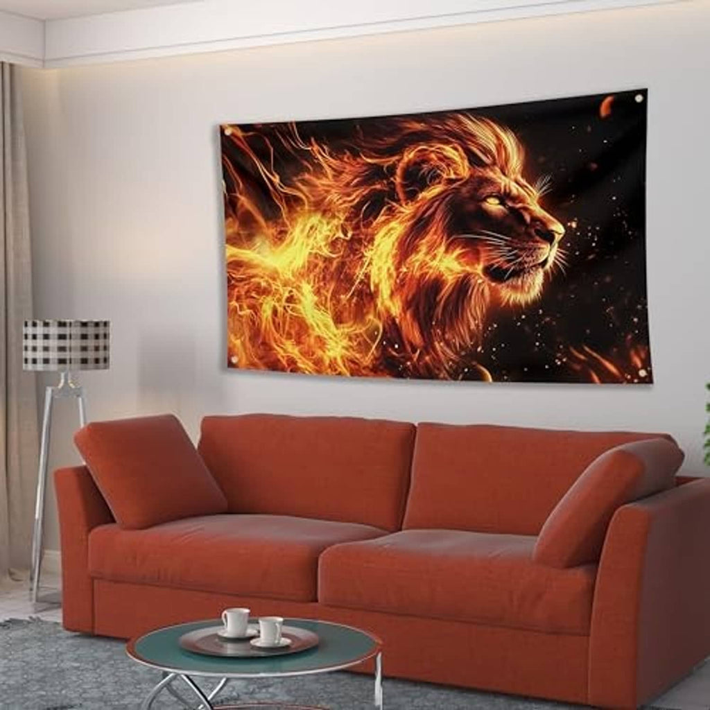 Lion flame polyester wall flag with black background, rectangle shape and corner brass grommets