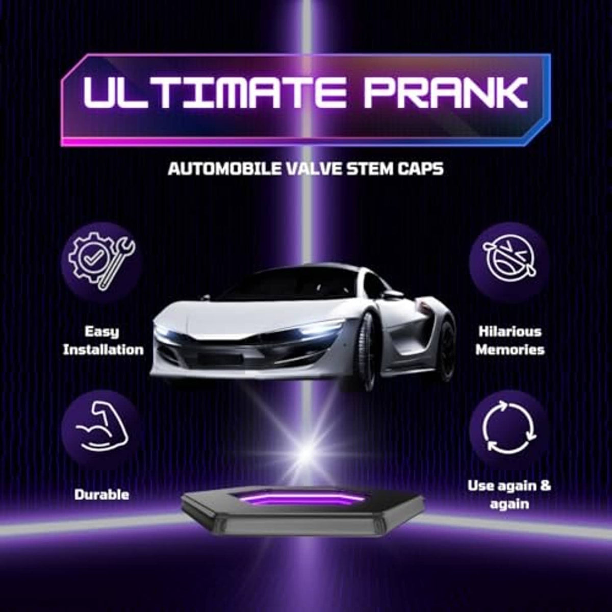 Glow-in-the-dark automobile valve stem cap, shown in promotional car graphic