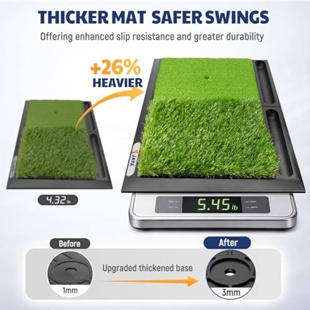 Thick golf hitting mat with green turf and black heavy rubber base