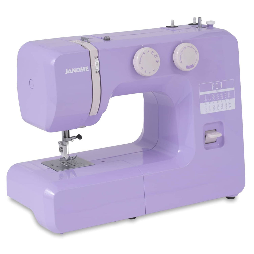 Purple Janome sewing machine with top dials and right-side stitch selection panel