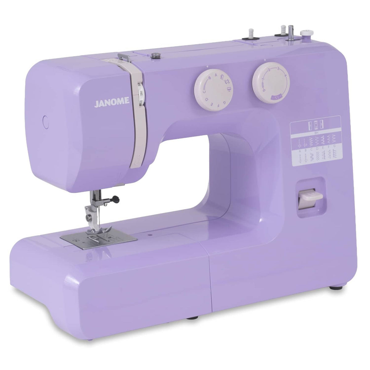 Purple Janome sewing machine with top dials and right-side stitch selection panel