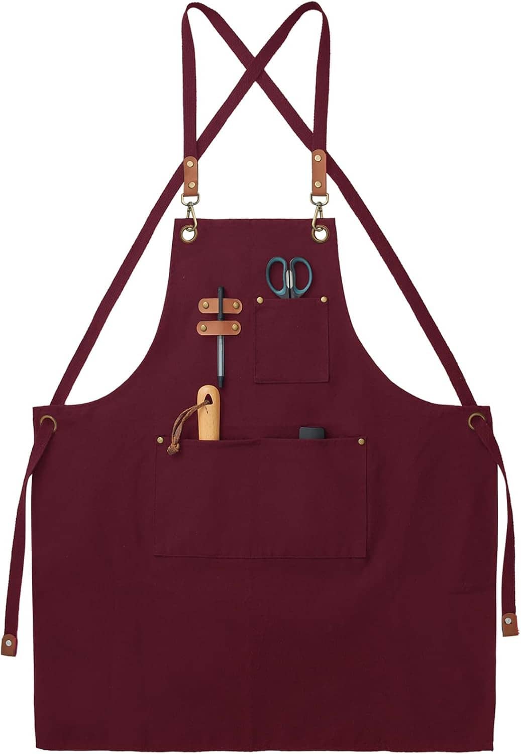 Burgundy canvas kitchen apron with adjustable cross straps and center front pocket