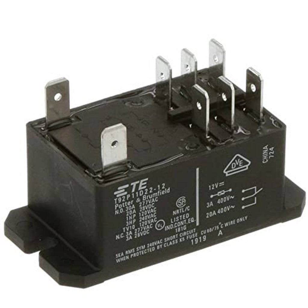 Power relay module, black housing with TE markings and 6 spade terminals for wiring