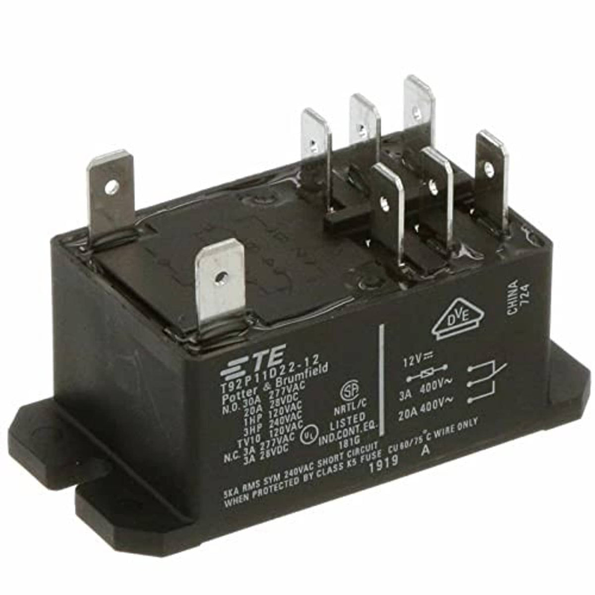 Power relay module, black housing with TE markings and 6 spade terminals for wiring
