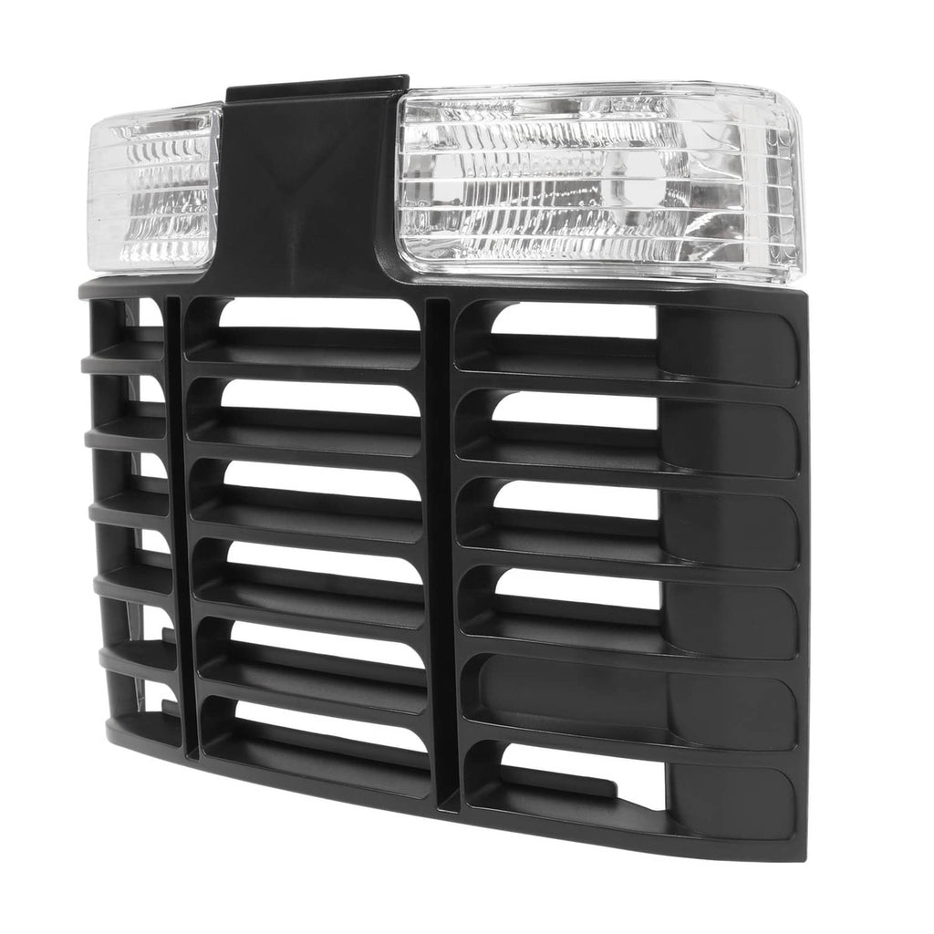 Black plastic grille with side view of vent slats and two clear rectangular headlight lenses