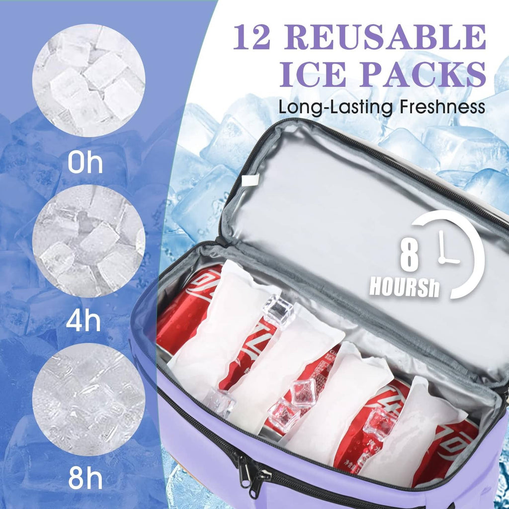 Light purple insulated backpack cooler open view with chilled storage compartment