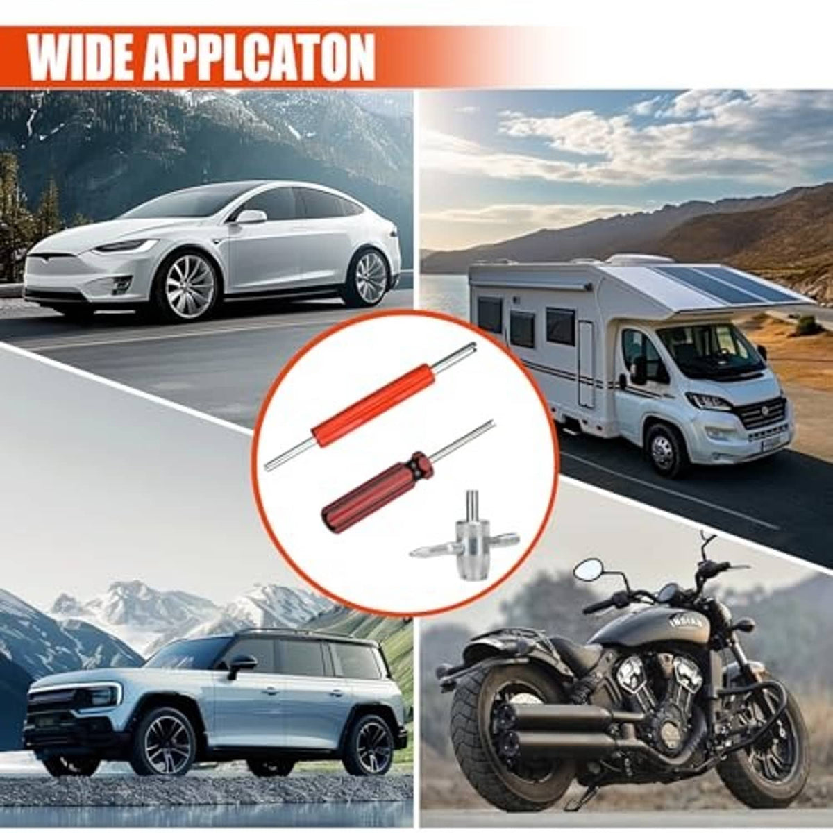 Tire valve removal tool kit with red/black tools and silver valve core wrench