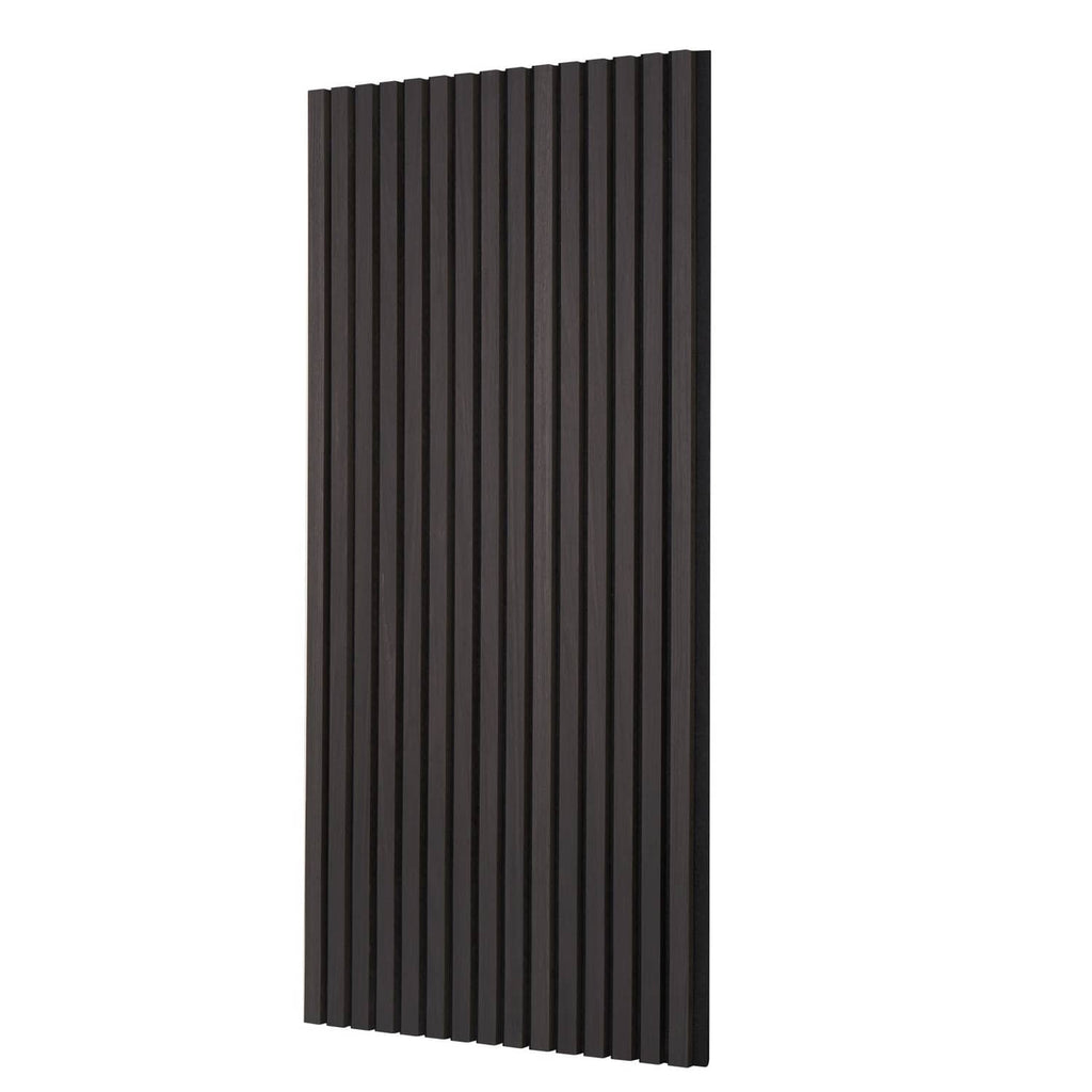 Wood slat acoustic panel with vertical dark bars, black oak finish