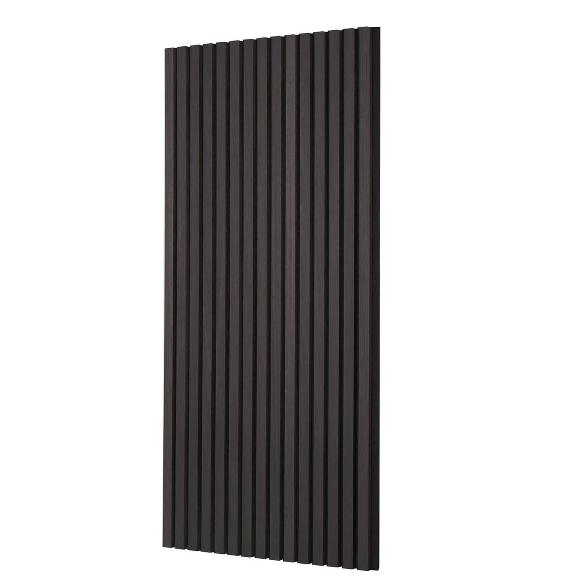 Wood slat acoustic panel with vertical dark bars, black oak finish