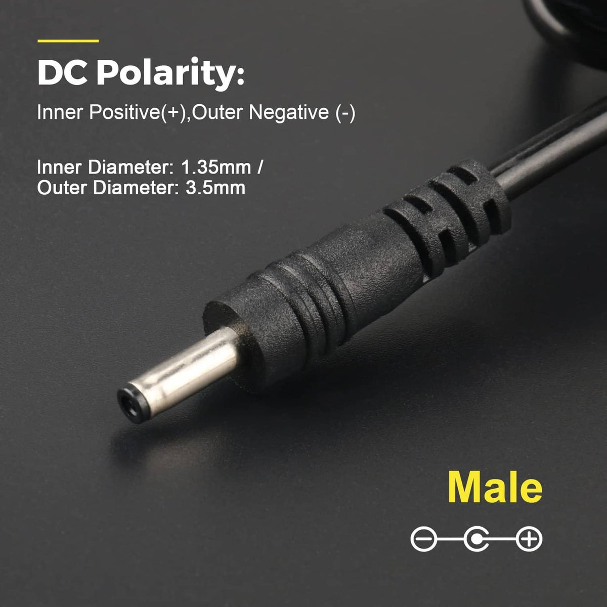 DC barrel connector tip labeled inner 1.35mm, outer 3.5mm, with polarity marking