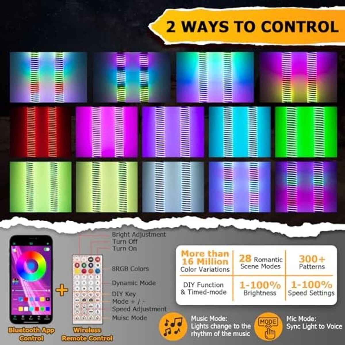 RGB LED whip light control modes panel with multiple color effects shown on strips