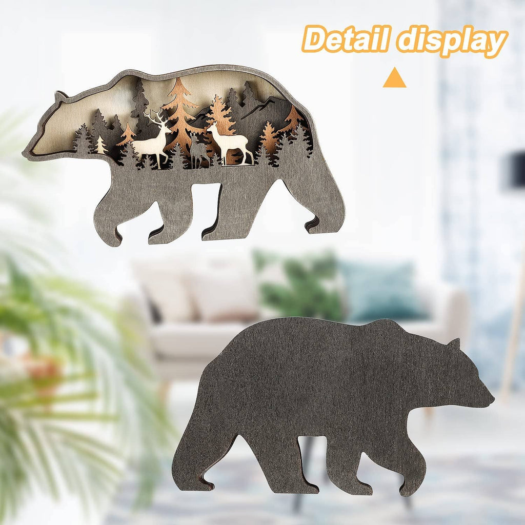 Wooden bear decor featuring layered forest animals and trees in gray and wood tones
