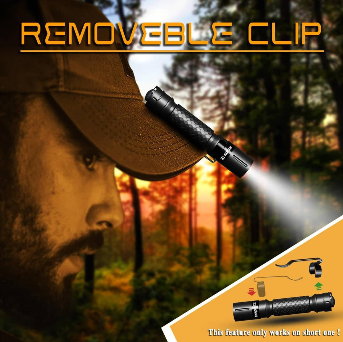 Black mini LED flashlight pen with textured grip projecting a bright beam, compact tactical style.