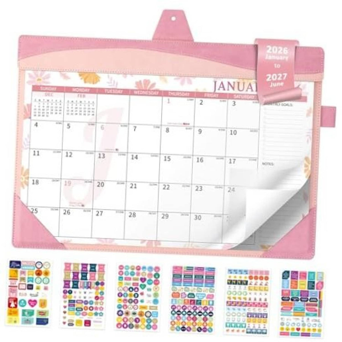 Pink leather wall calendar with clear plastic cover and floral design, 2026–2027 dates