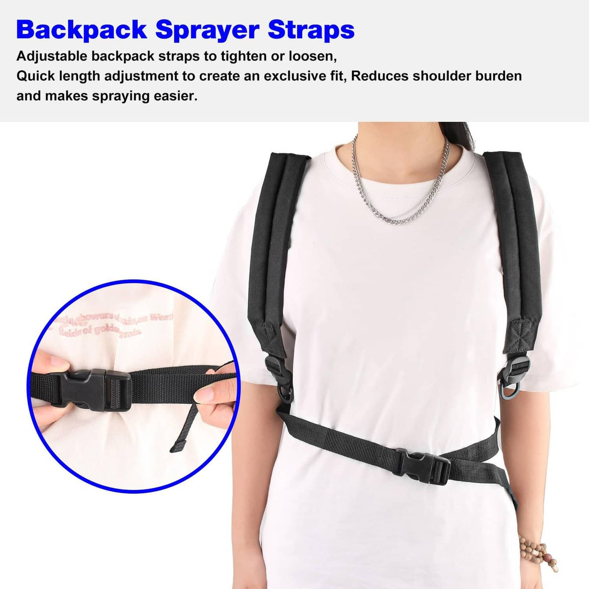 Black padded backpack sprayer straps with front adjustment buckle and clips