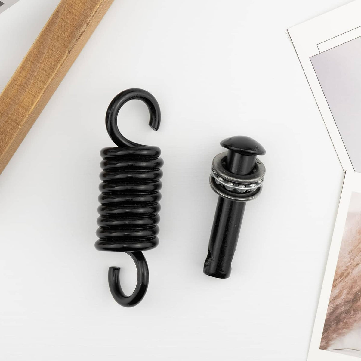Black hanging chair spring hook and top mount connector, hardware shown together