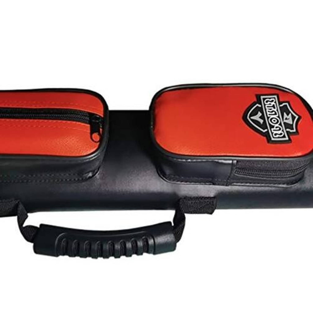 Close-up of red padded end sections with zipper and sports logo on hard cue case