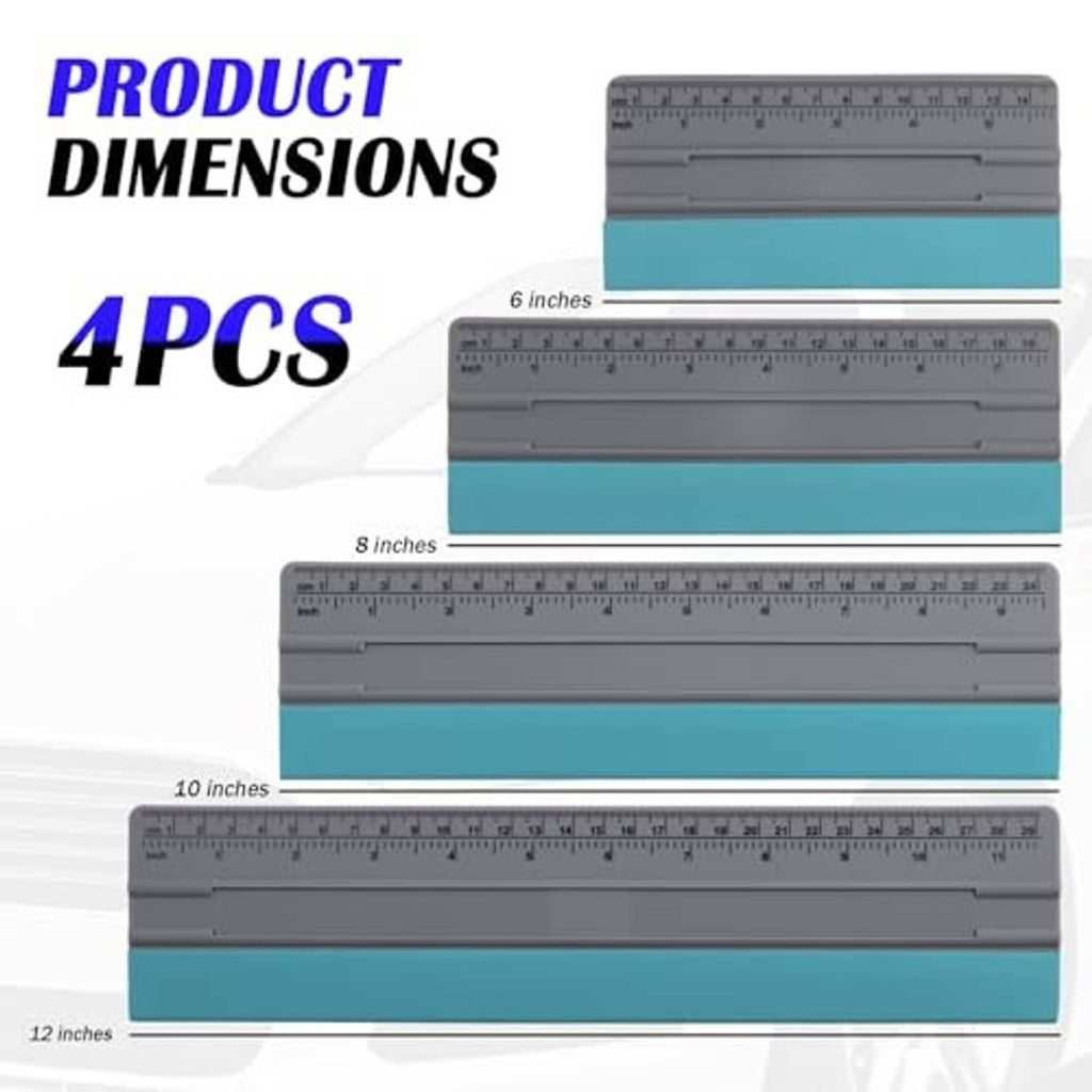 Four squeegee rulers with teal grips and gray measurement bars, 6–12 inch lengths
