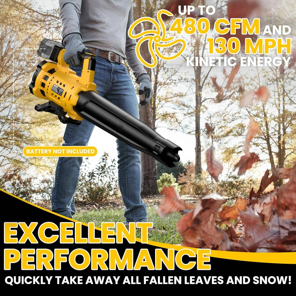 Cordless leaf blower with yellow motor housing and long black tube for fallen debris
