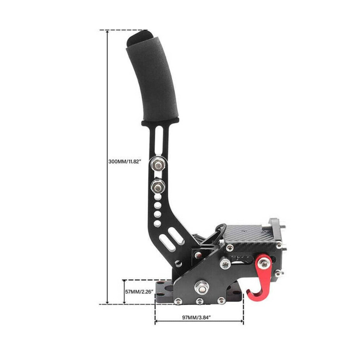 PC USB handbrake controller with size diagram, black lever and metal base