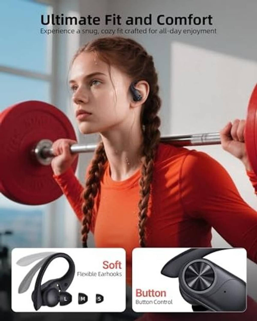 Wireless earbuds with soft flexible earhooks shown in feature callouts