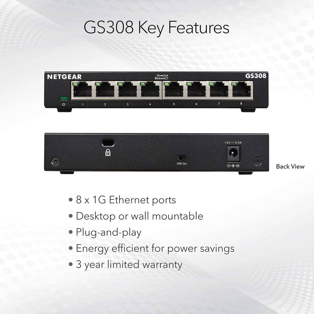 8-port gigabit Ethernet switch back panel with power and reset port