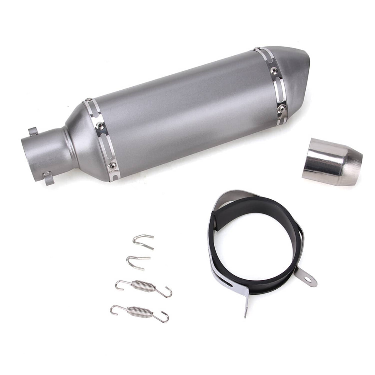 Motorcycle exhaust muffler silencer, silver canister with outlet, clamp ring, and spring clips