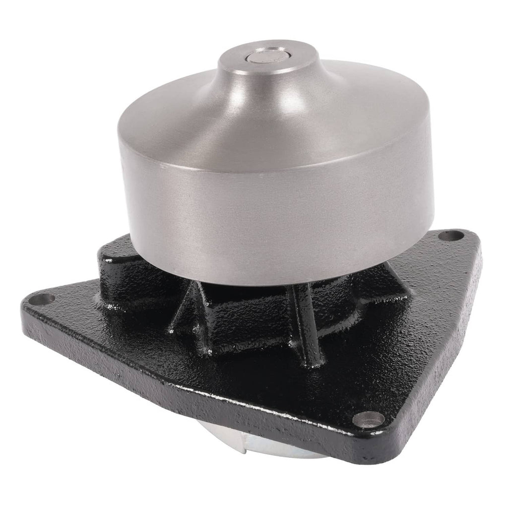 Water pump assembly with silver housing, black mounting flange, and bolt holes