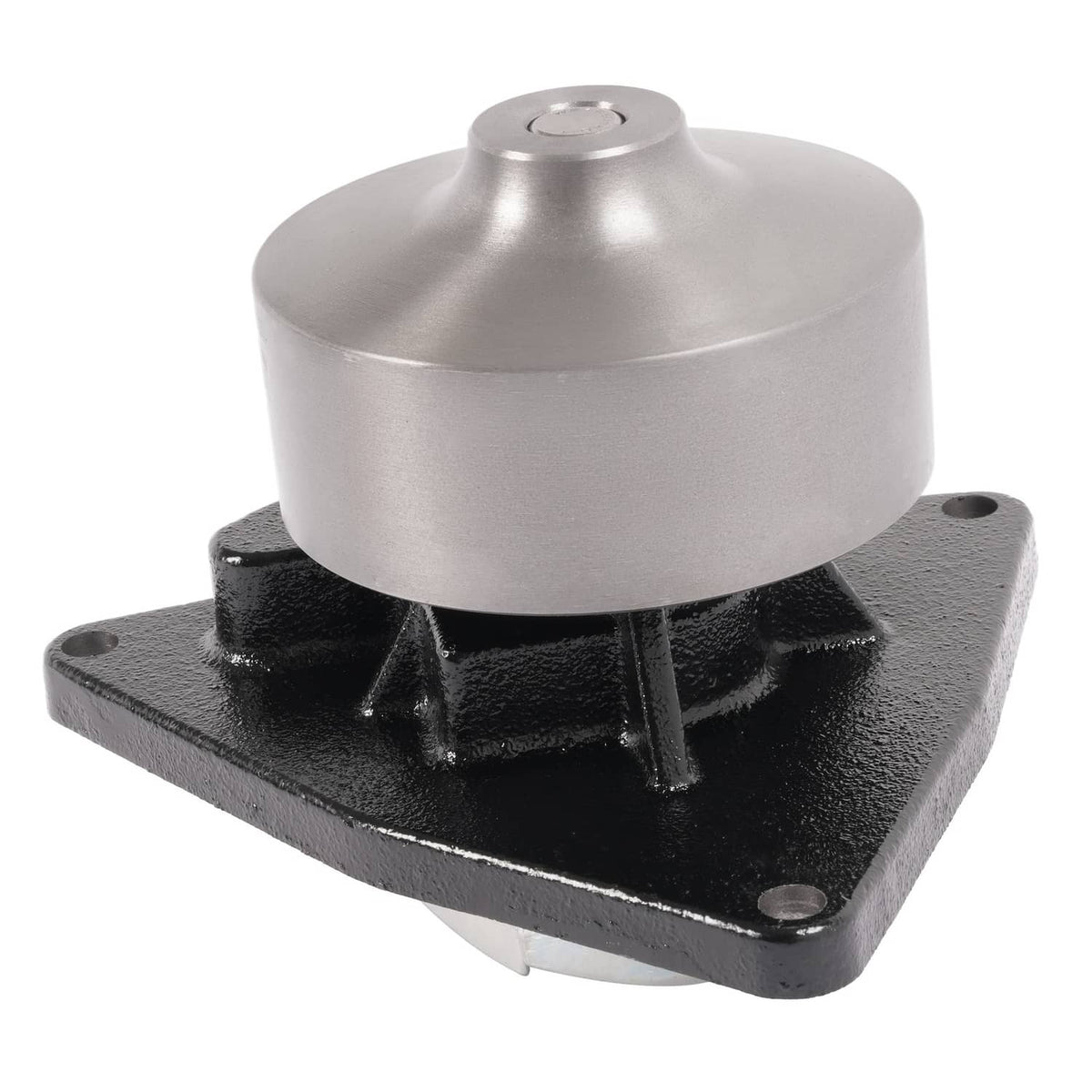 Water pump assembly with silver housing, black mounting flange, and bolt holes