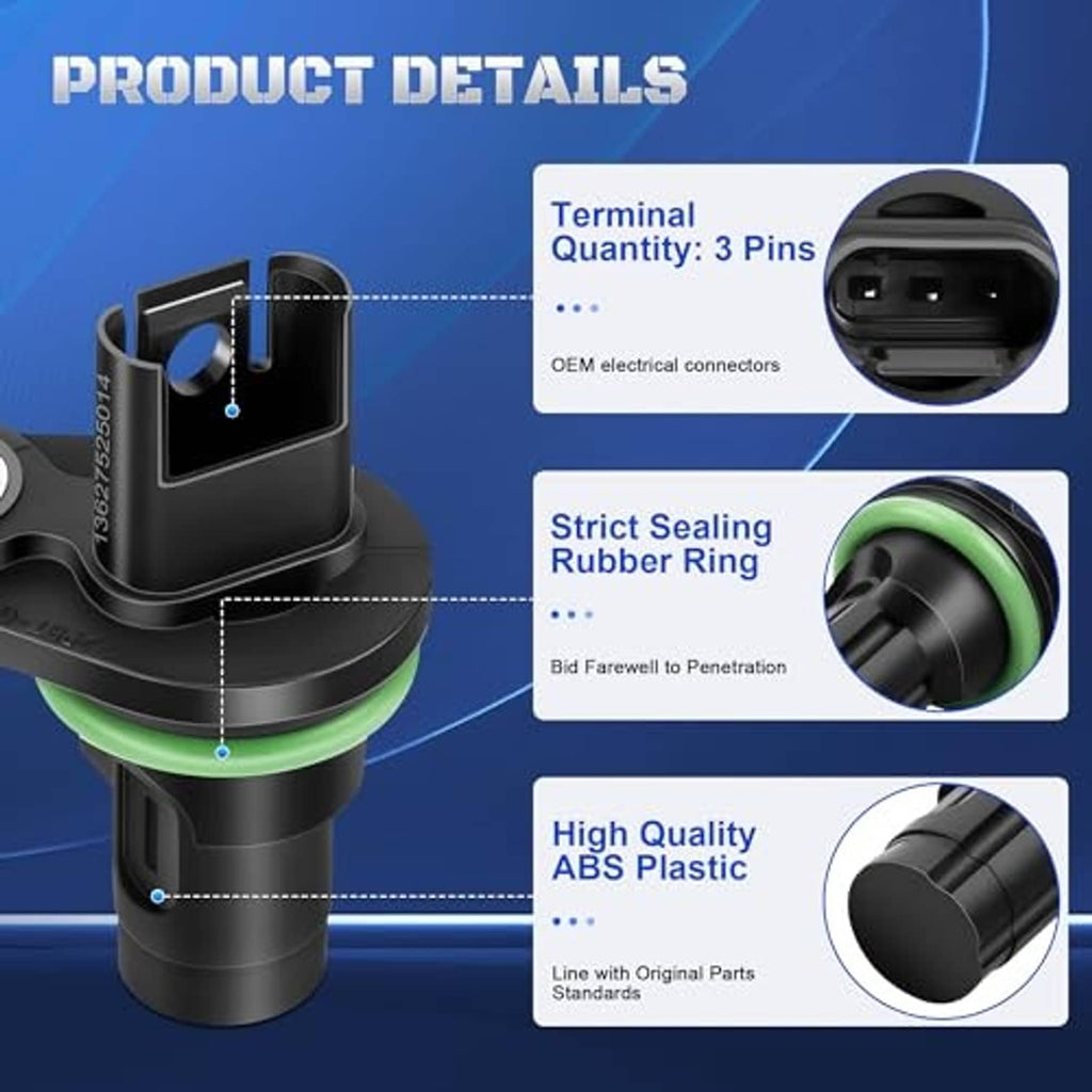 Camshaft position sensor with black housing, green rubber seal ring, and connector terminal
