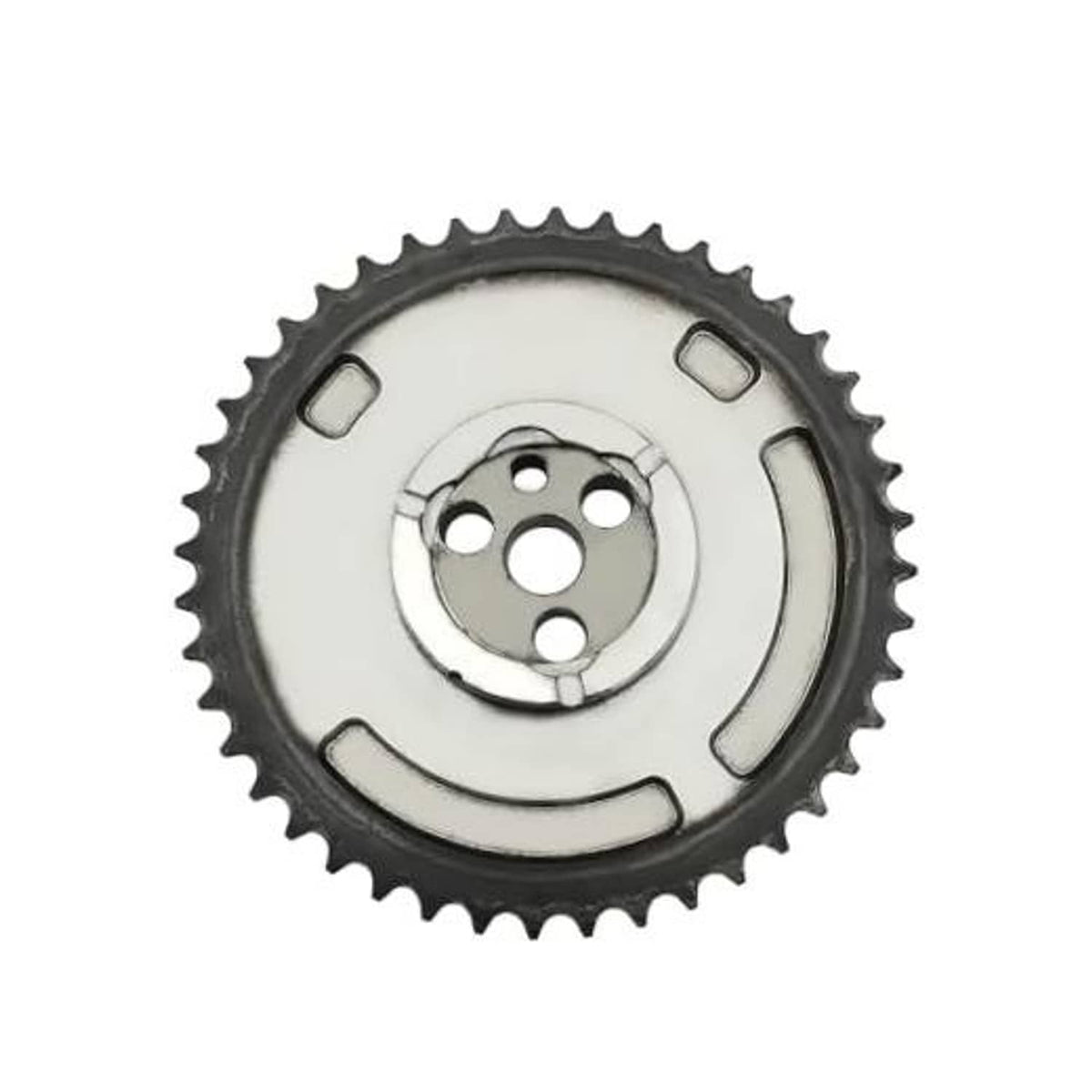 Engine timing camshaft sprocket gear with toothed outer ring and 3-bolt mounting plate
