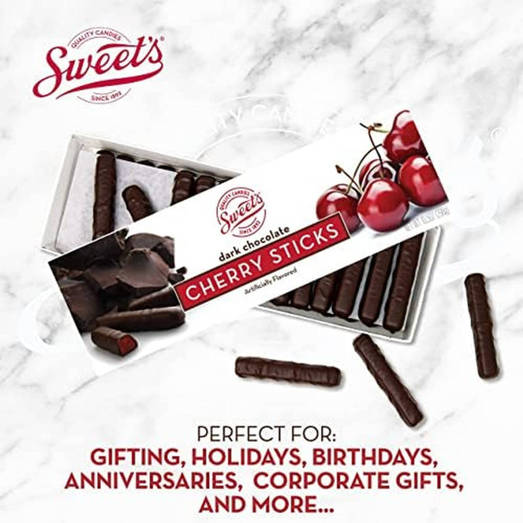 Cherry-flavored dark chocolate sticks in open gift box with cherry fruit graphic
