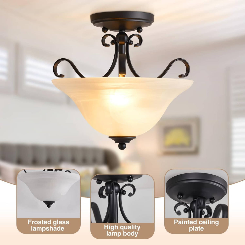Black semi-flush ceiling light with frosted glass shade and curved scrolled arms