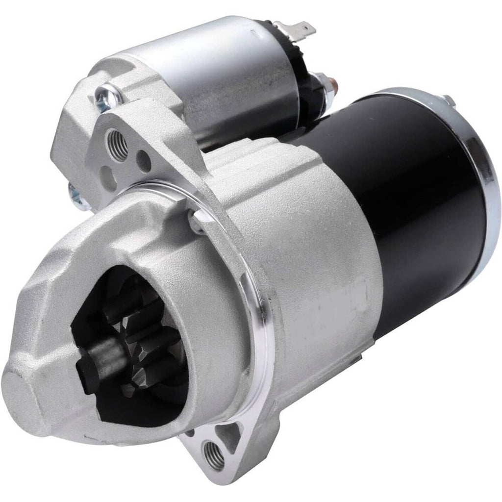 Starter motor with silver nose cone and black cylinder, electrical posts on rear