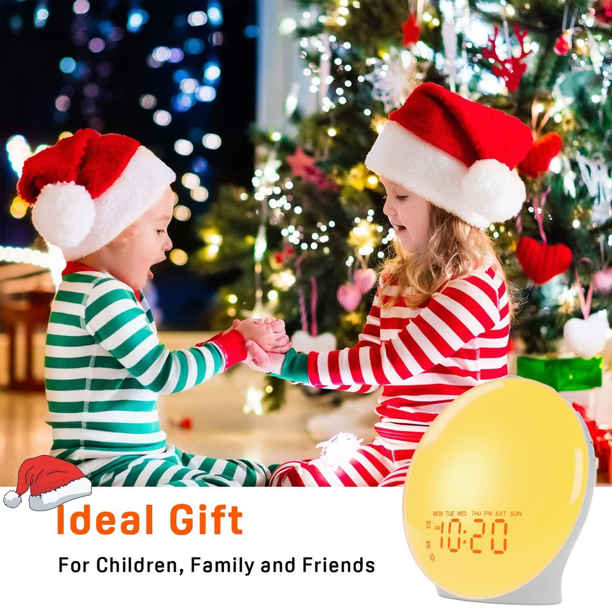Kids playing near a sunrise alarm clock with bright yellow display