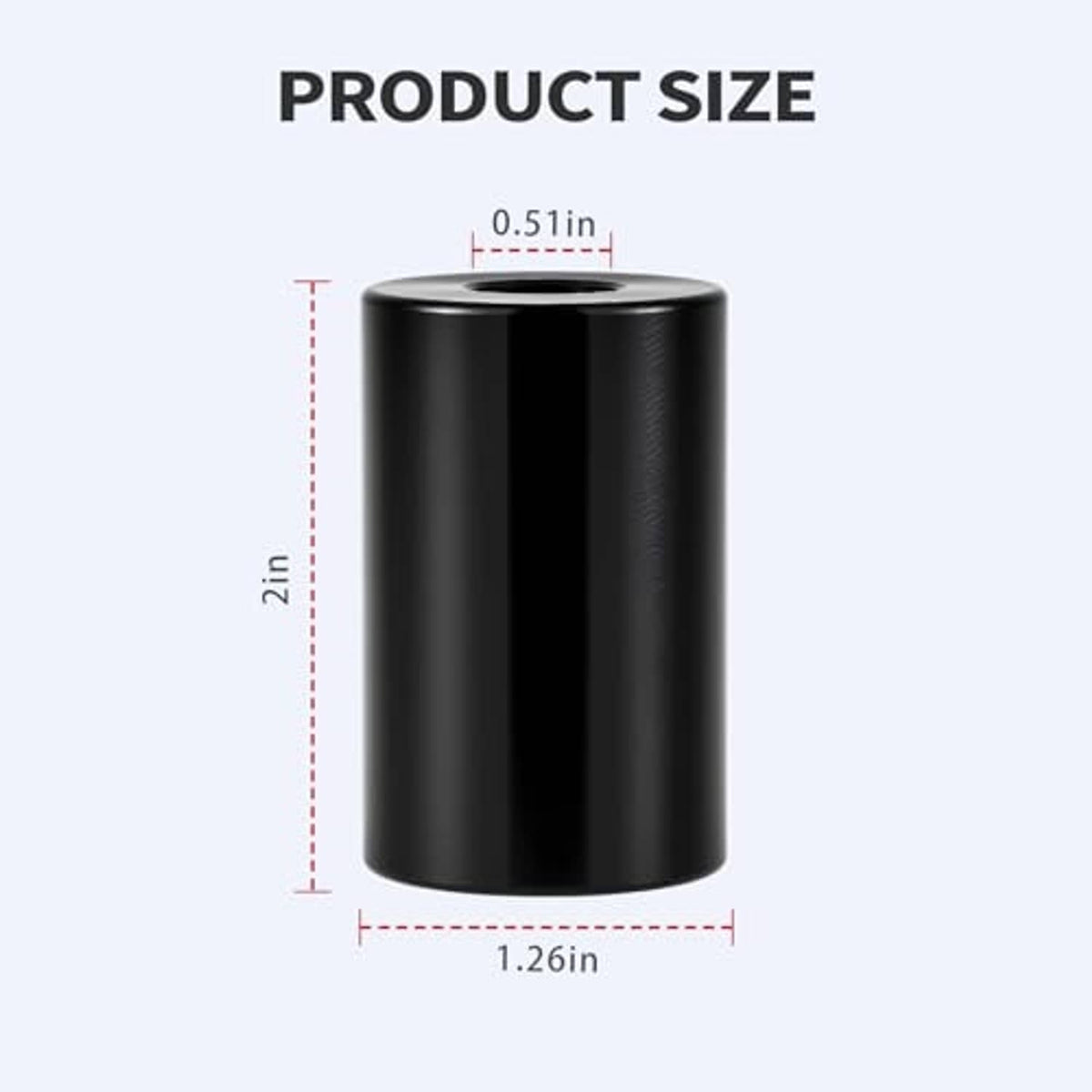 Black cylindrical riser spacer with top hole; size dimensions shown