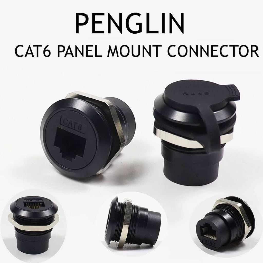 Black CAT6 RJ45 panel-mount connectors, side and front views, 2-pack