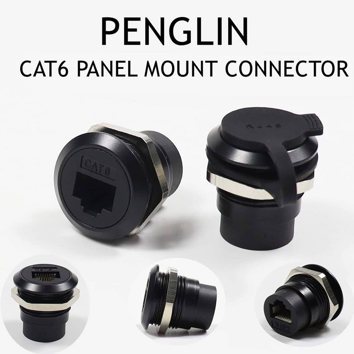 Black CAT6 RJ45 panel-mount connectors, side and front views, 2-pack