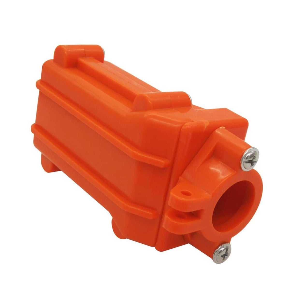 Orange rainproof switch control box with large round cable outlet opening