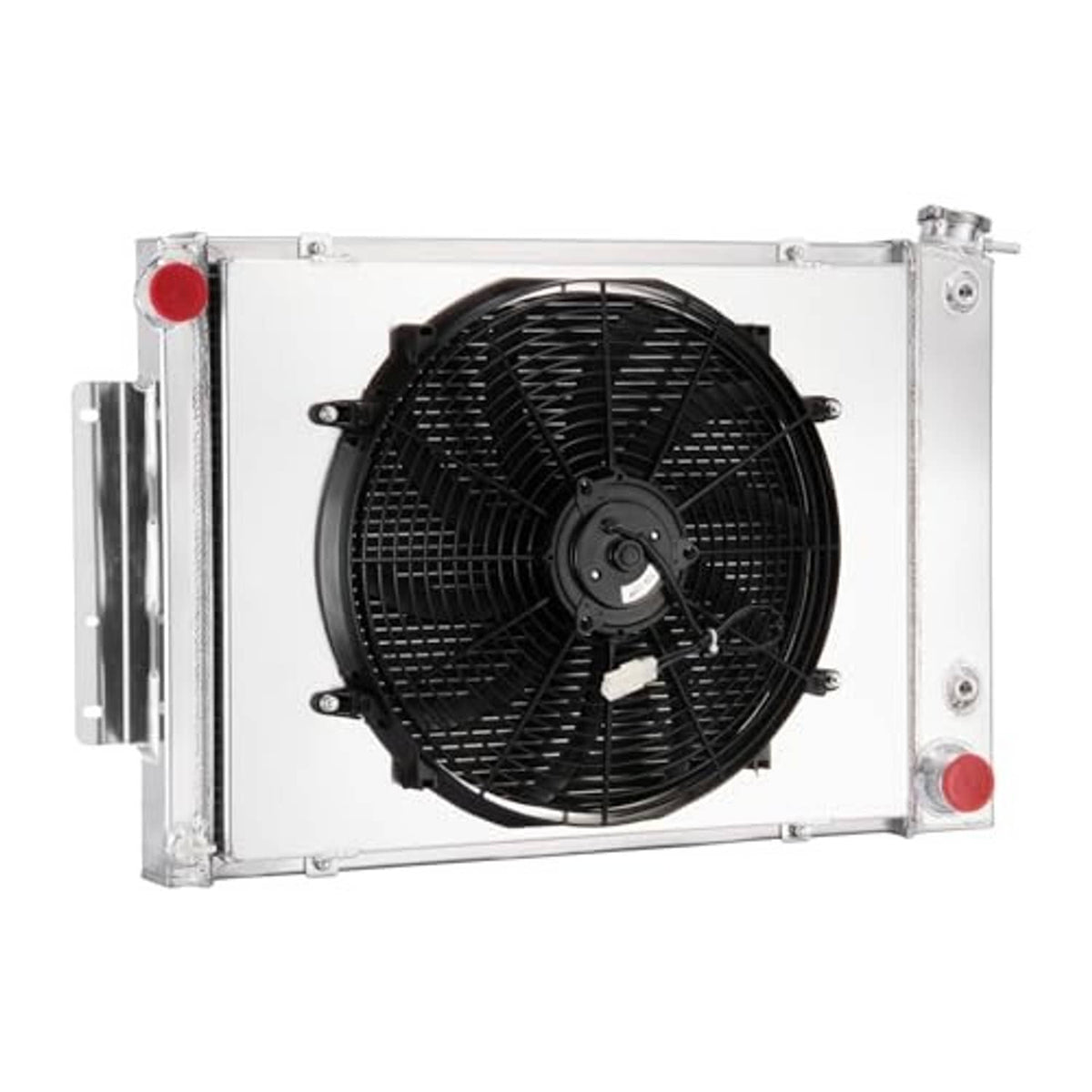 3-row radiator fan shroud with centered black cooling fan, silver frame, full front
