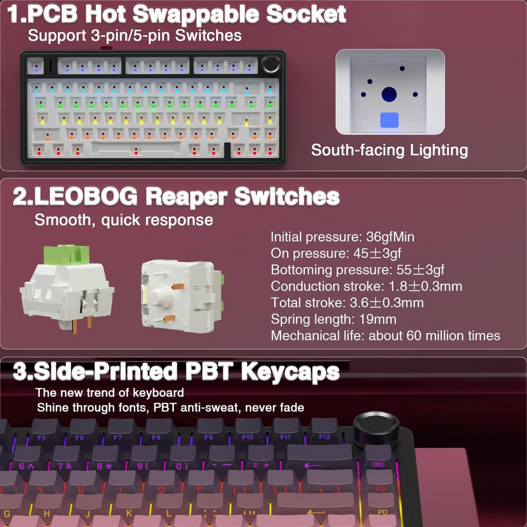 Keyboard switch and keycap layout diagram with visible hot-swap socket and caps