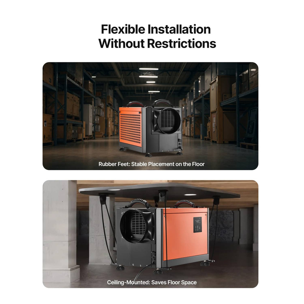 Commercial dehumidifier with flexible placement options, orange top and side handles