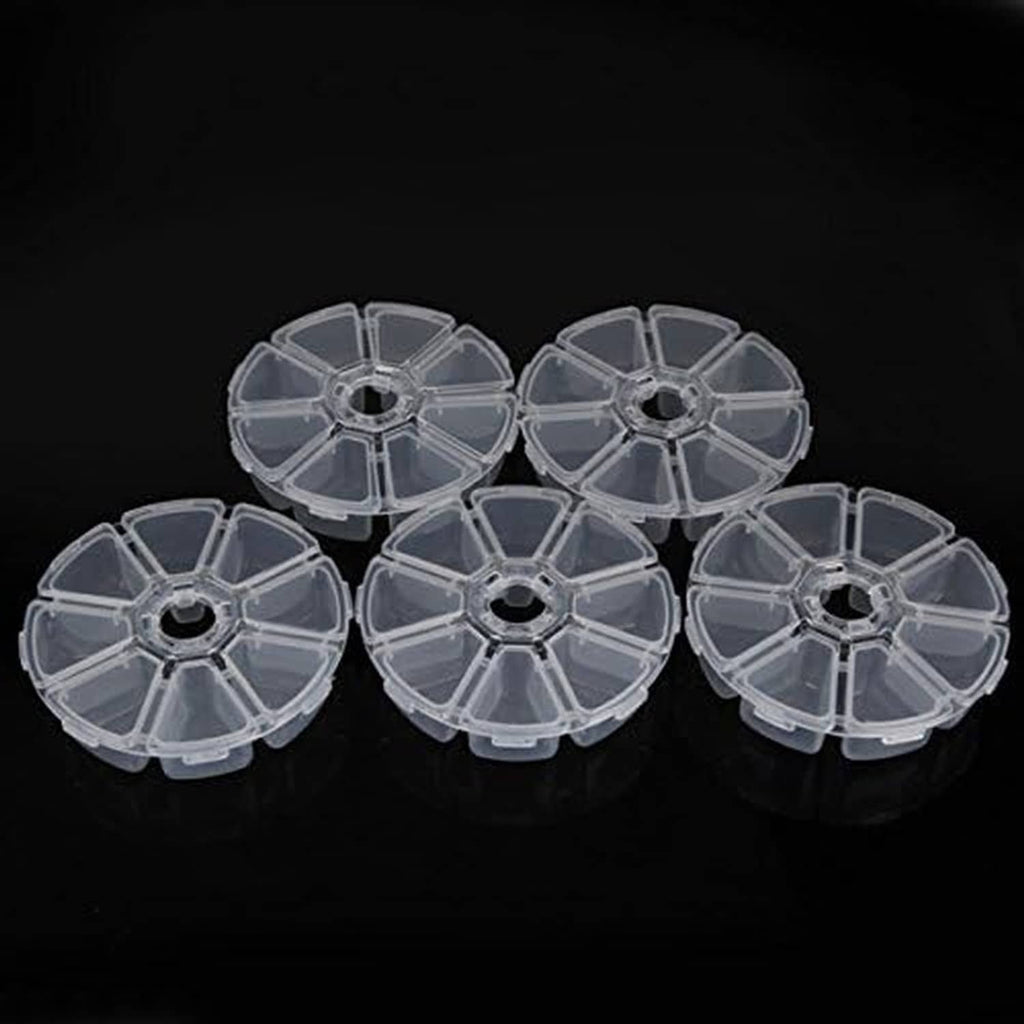 Round clear plastic bead storage cases set; each holds items in 8 compartments