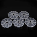 Round clear plastic bead storage cases set; each holds items in 8 compartments