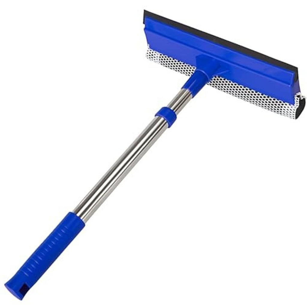 Retractable blue window squeegee with stainless steel pole and rubber blade