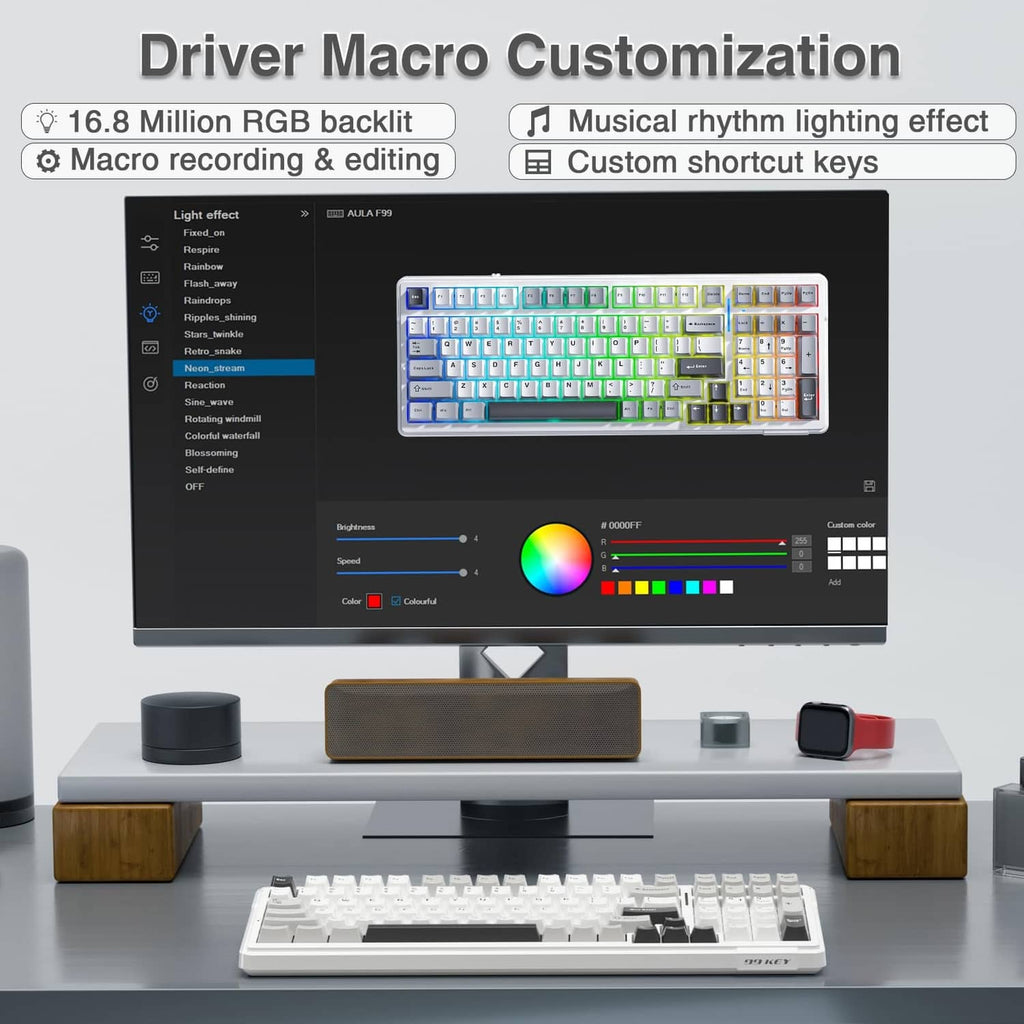 Mechanical keyboard on desk with white keys and dark keycaps