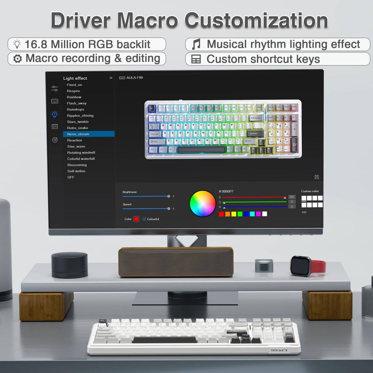 Mechanical keyboard on desk with white keys and dark keycaps