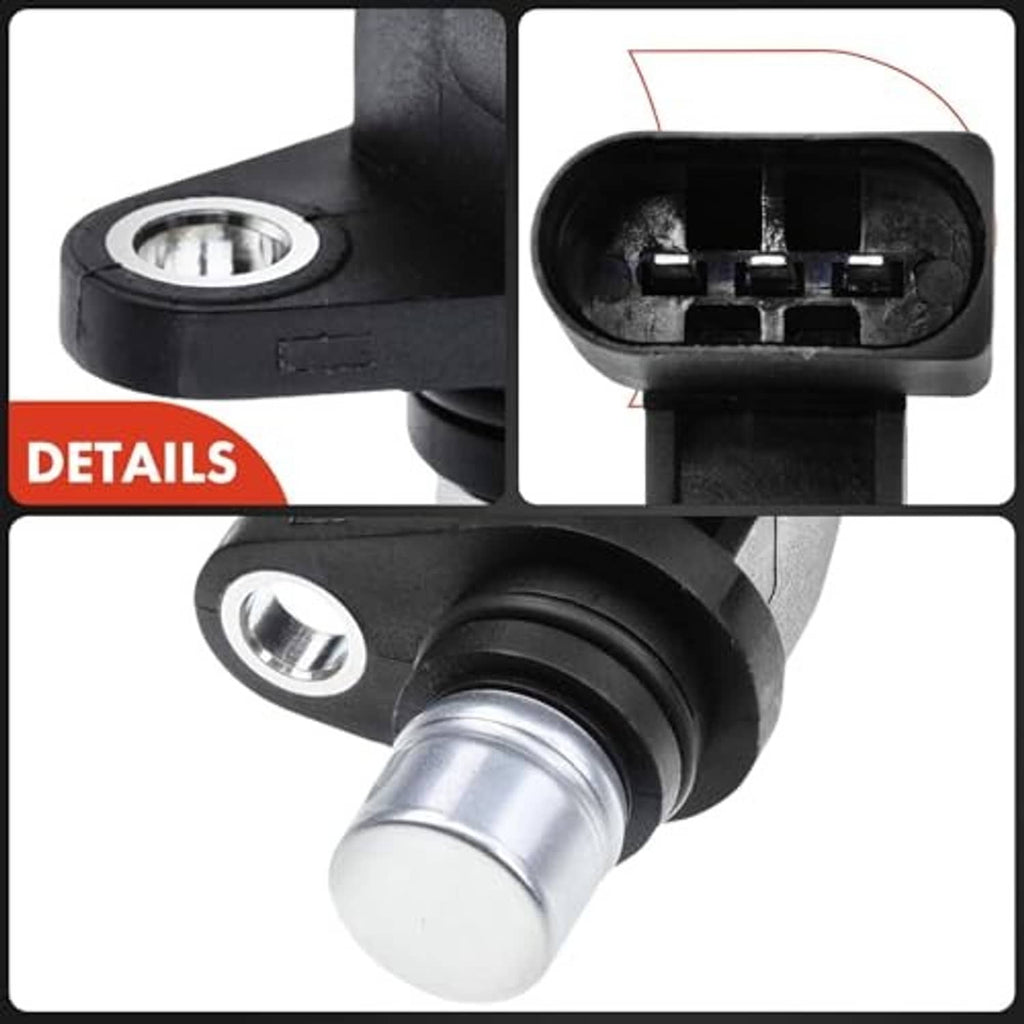 Camshaft position sensor close-up showing black plug, silver pin, and rubber seal.