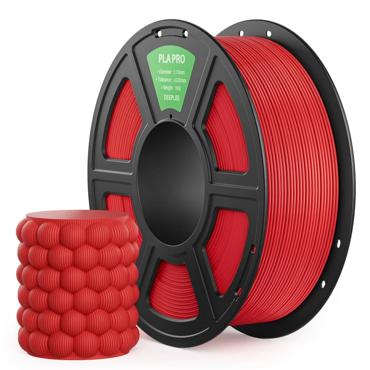 Red PLA filament spool, 1.75 mm diameter, 1 kg roll with tightly wound strands