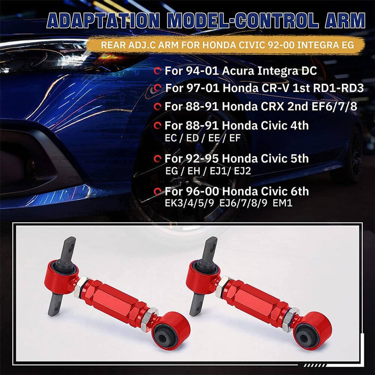 Pair of red adjustable rear control arms with black spherical ball joints